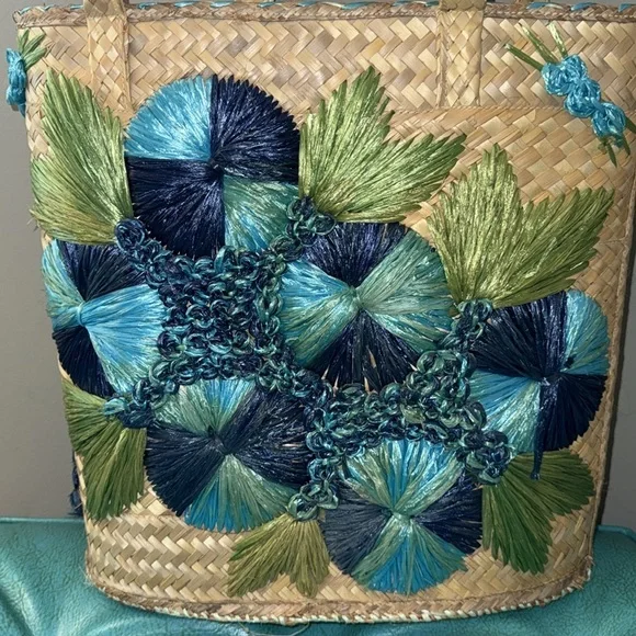 Vintage oversized large gorgeous turquoise blue flower raffia basket beachy bag - Picture 2 of 14